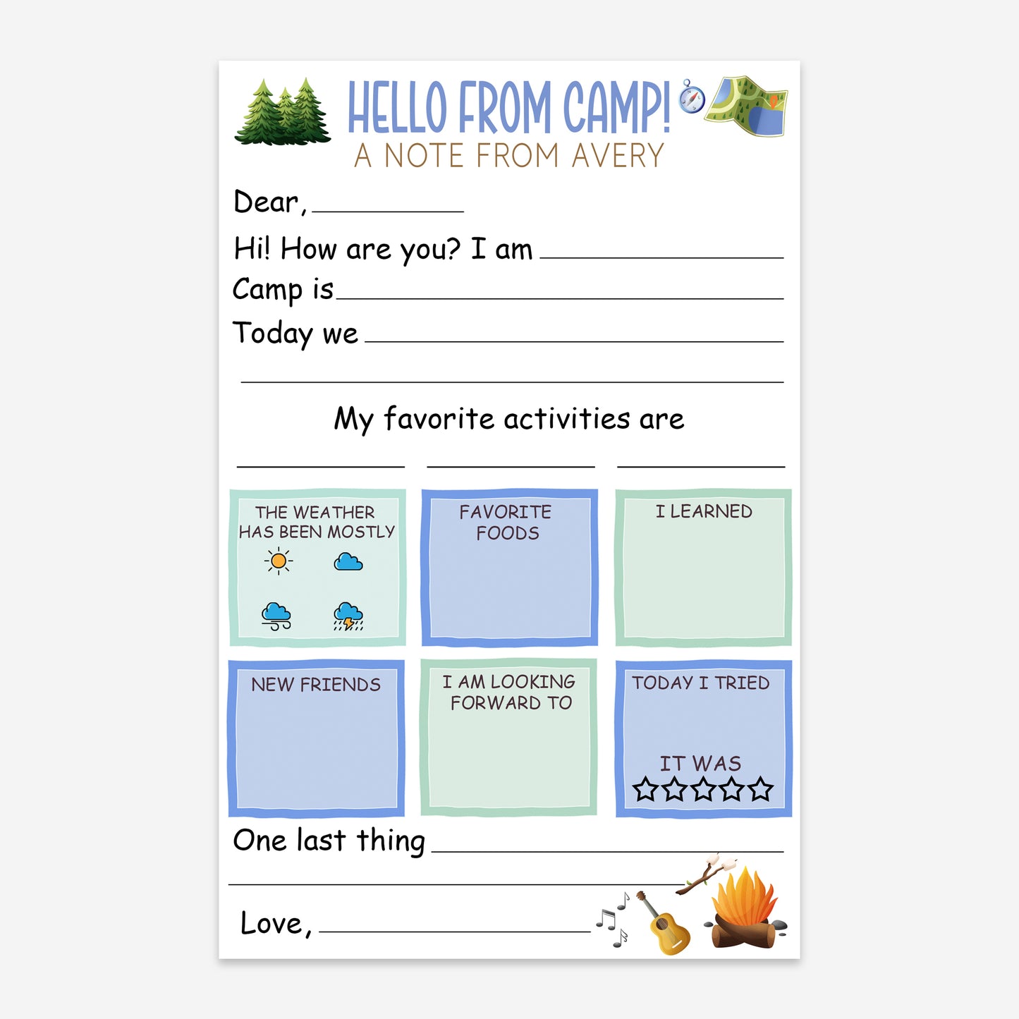 "Hello From Camp" Personalized Fill-in-the-Blank Notepad for Kids blue and green colored
