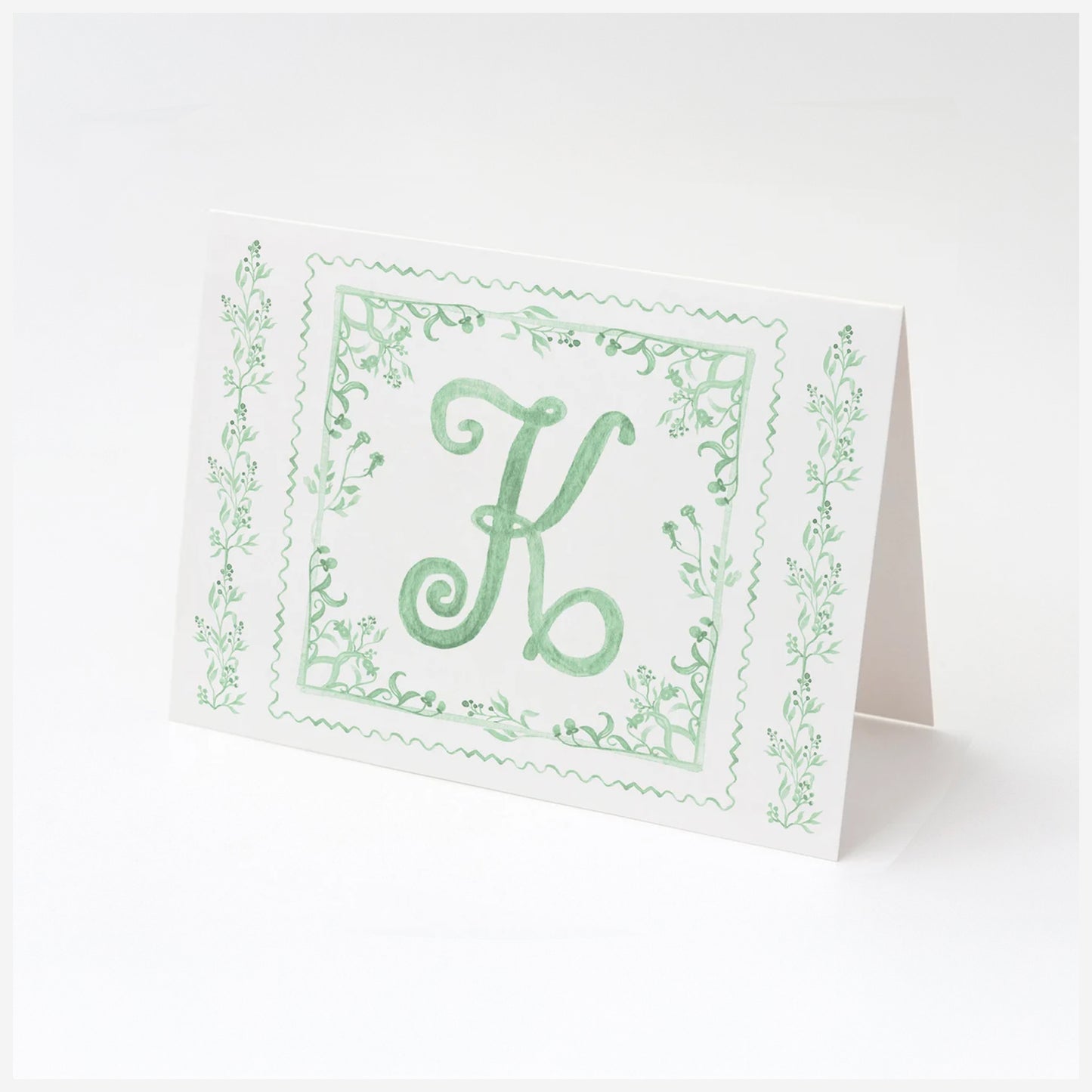 Personalized Green Toile Monogram Folded Note Cards