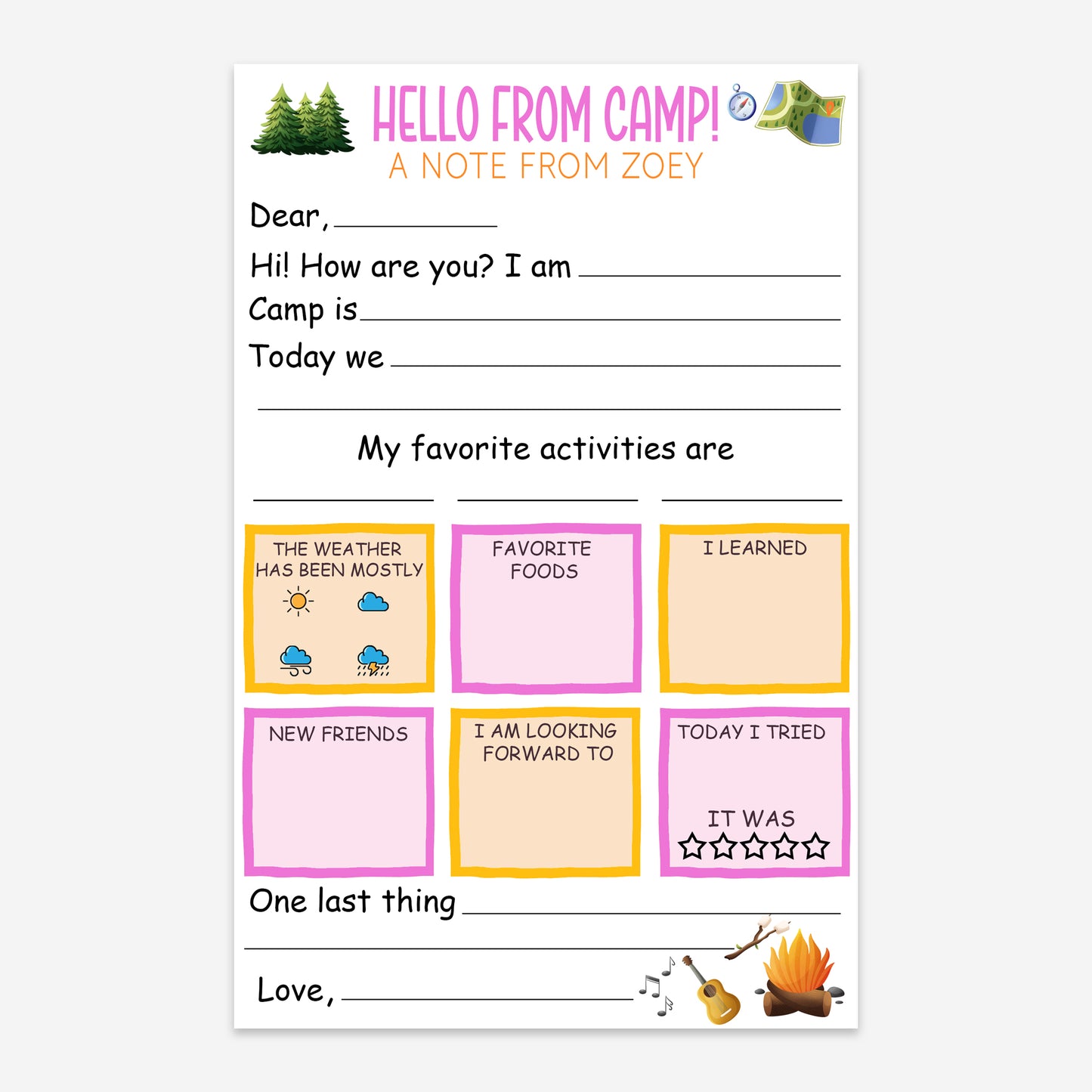 "Hello From Camp" Personalized Fill-in-the-Blank Notepad for Kids pink and orange colored