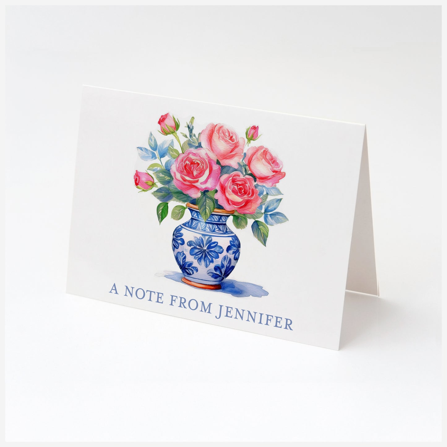 Personalized Note Cards - Roses in a Blue Vase Design