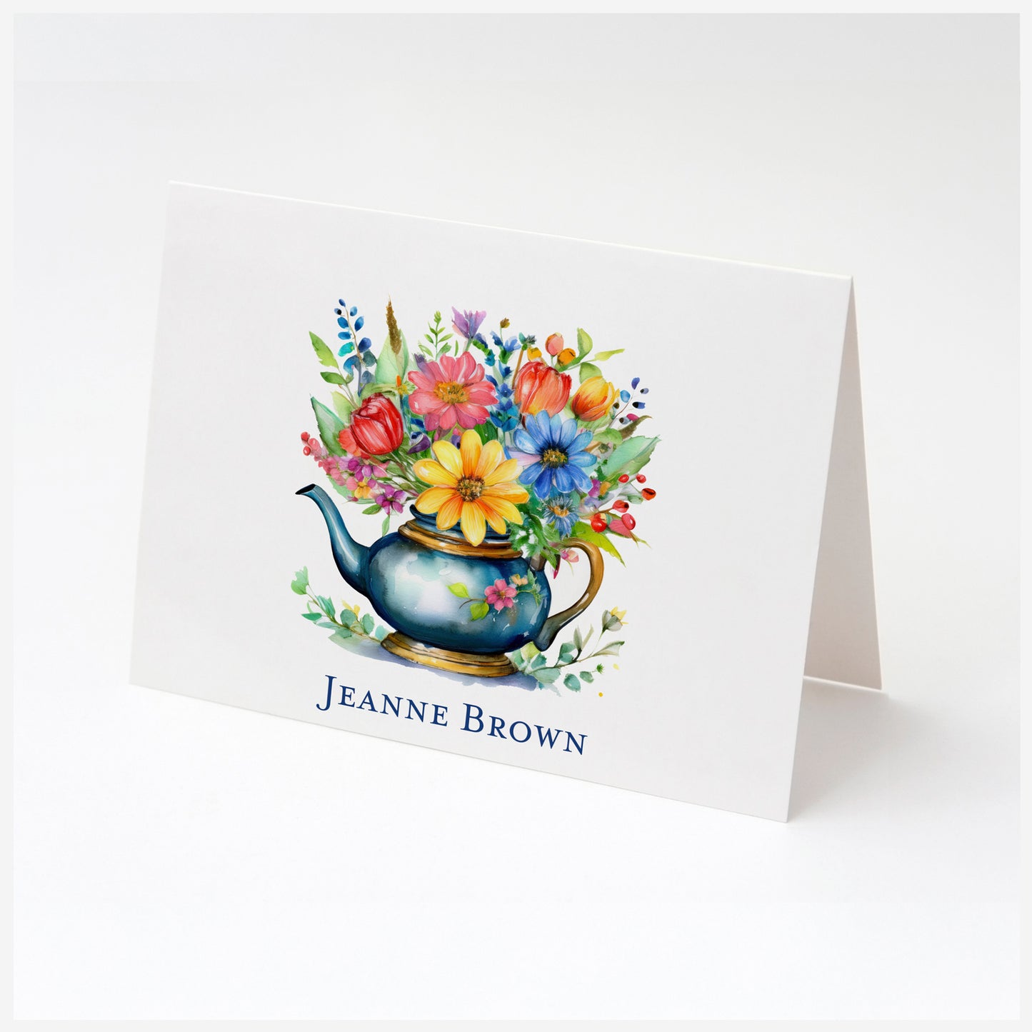 Personalized Folded Notecard – Teapot with Wildflowers