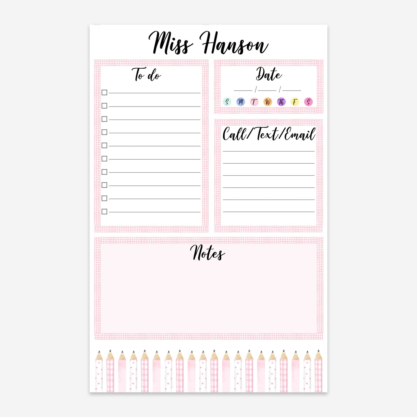 Personalized Teacher Planner Notepad with Pencil Design