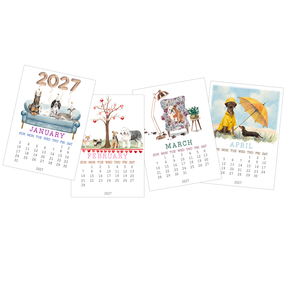 January through April pages of the 2027 dog desk calendar