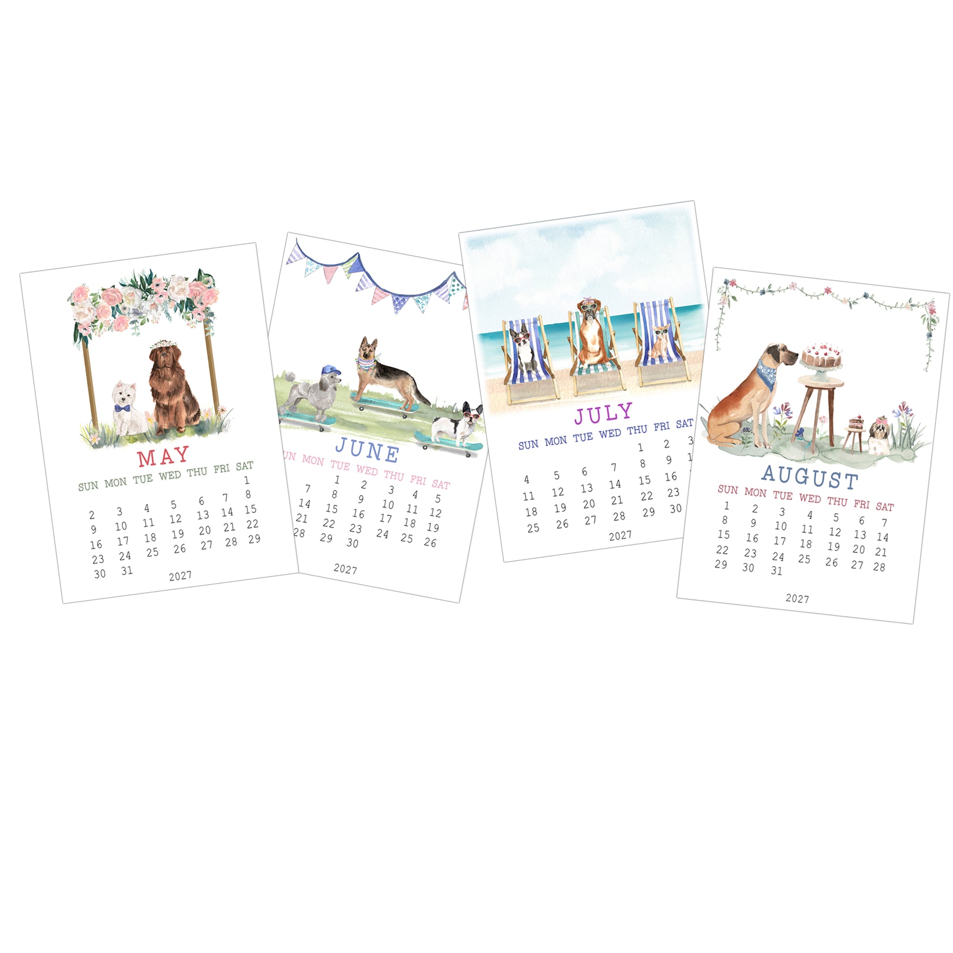 May through August pages of the 2027 dog desk calendar