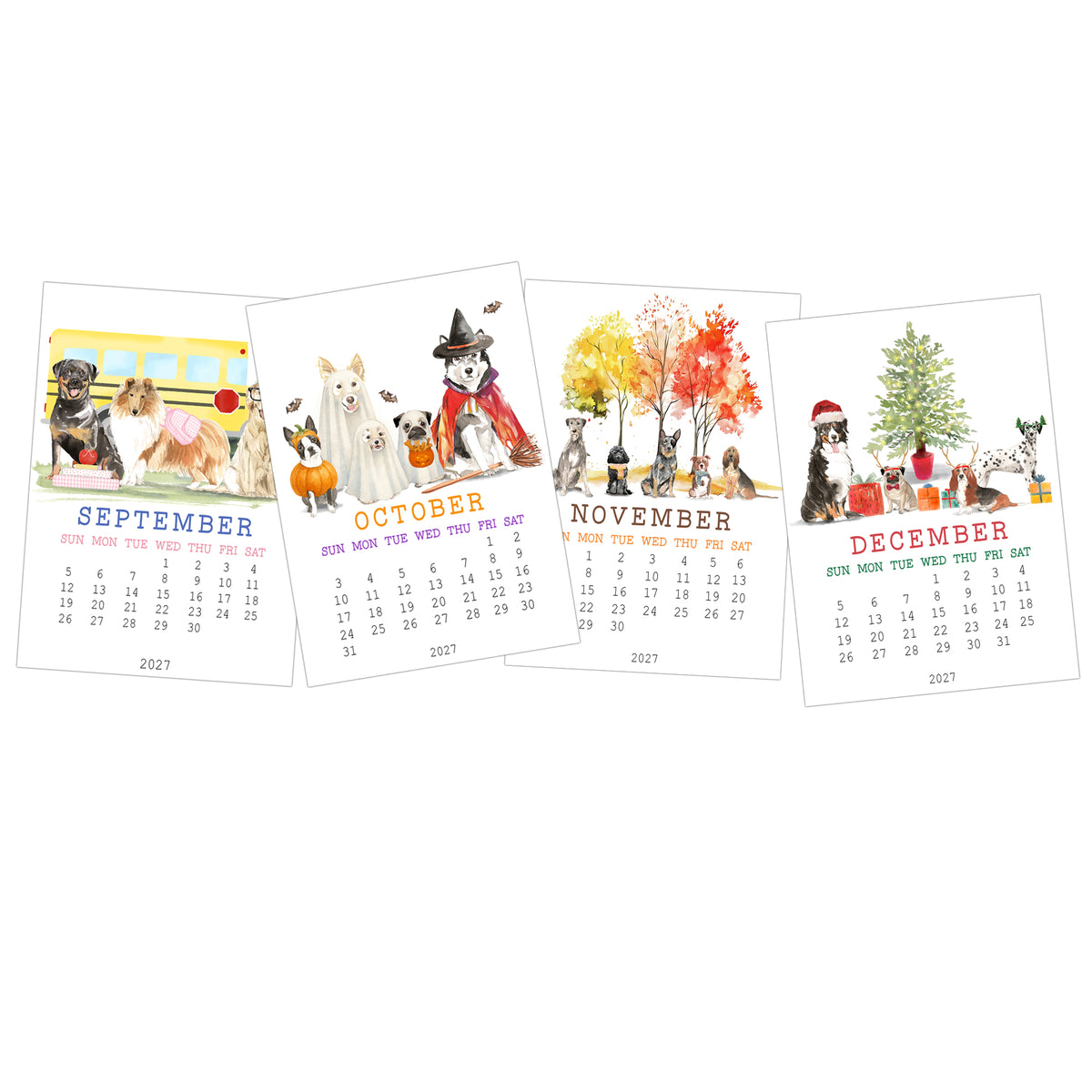 September through December pages of the 2027 dog desk calendar