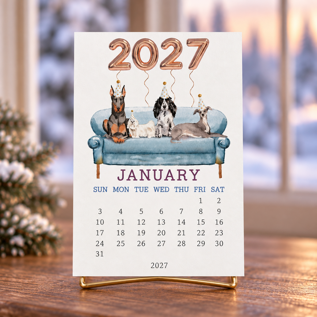 2027 dog-themed desk calendar displayed on a gold-tone easel