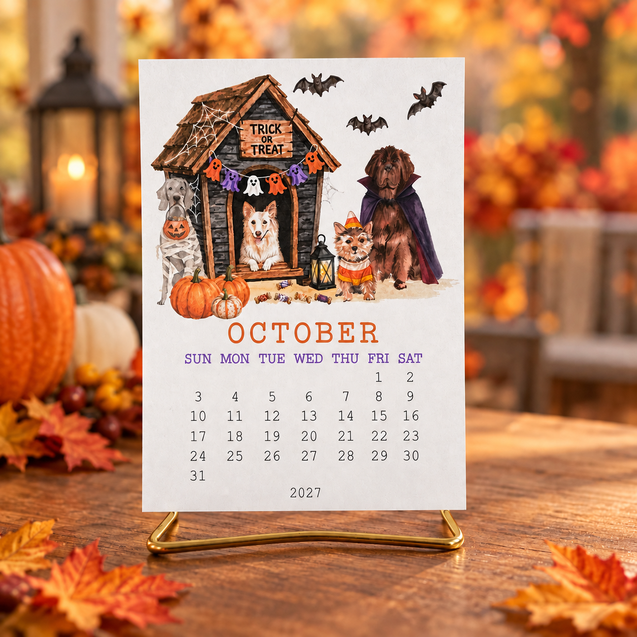 October page of the 2027 playful dog desk calendar displayed on a gold-tone easel