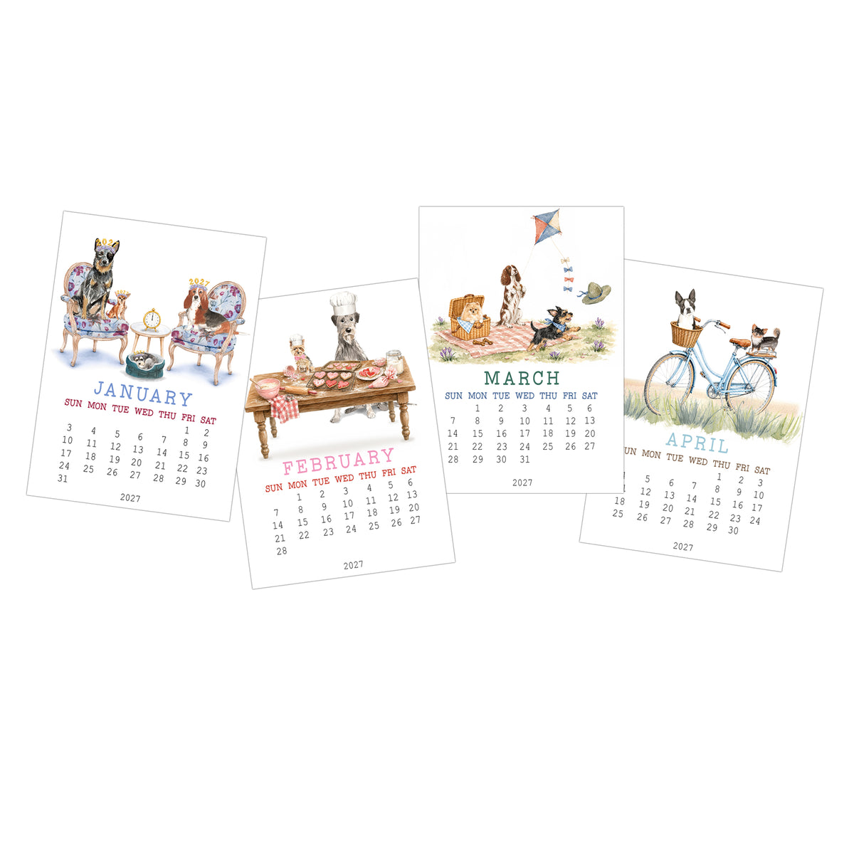 January through April pages of the 2027 playful dog desk calendar