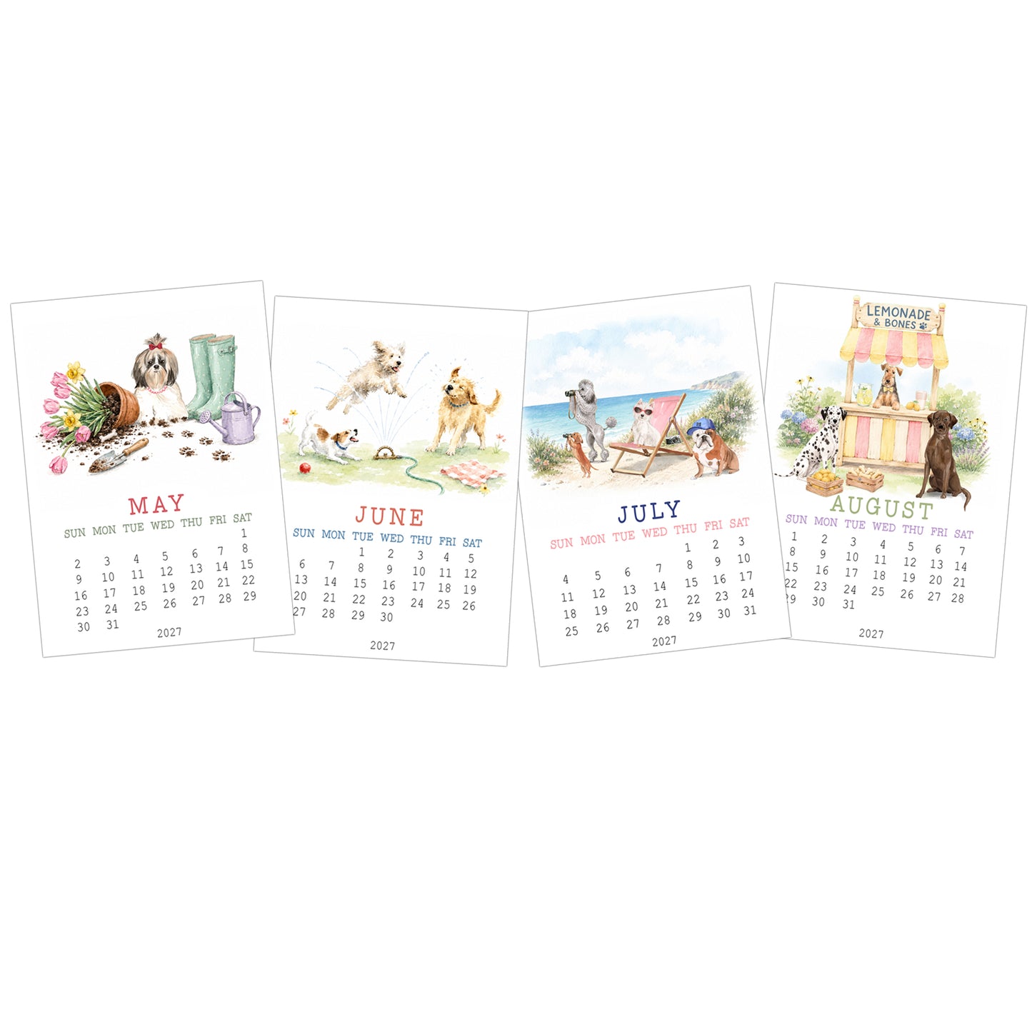 May through August pages of the 2027 playful dog desk calendar