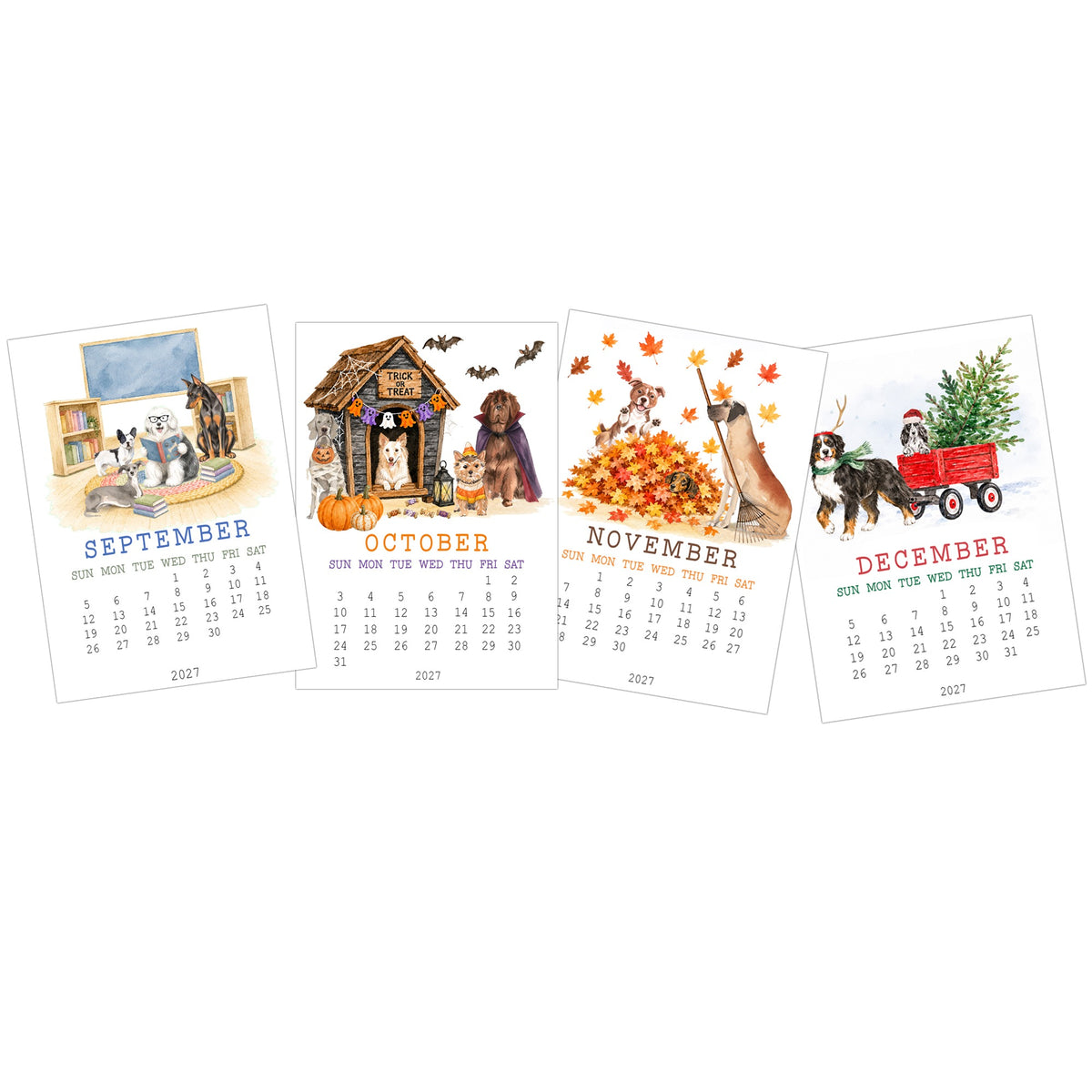 September through December pages of the 2027 playful dog desk calendar