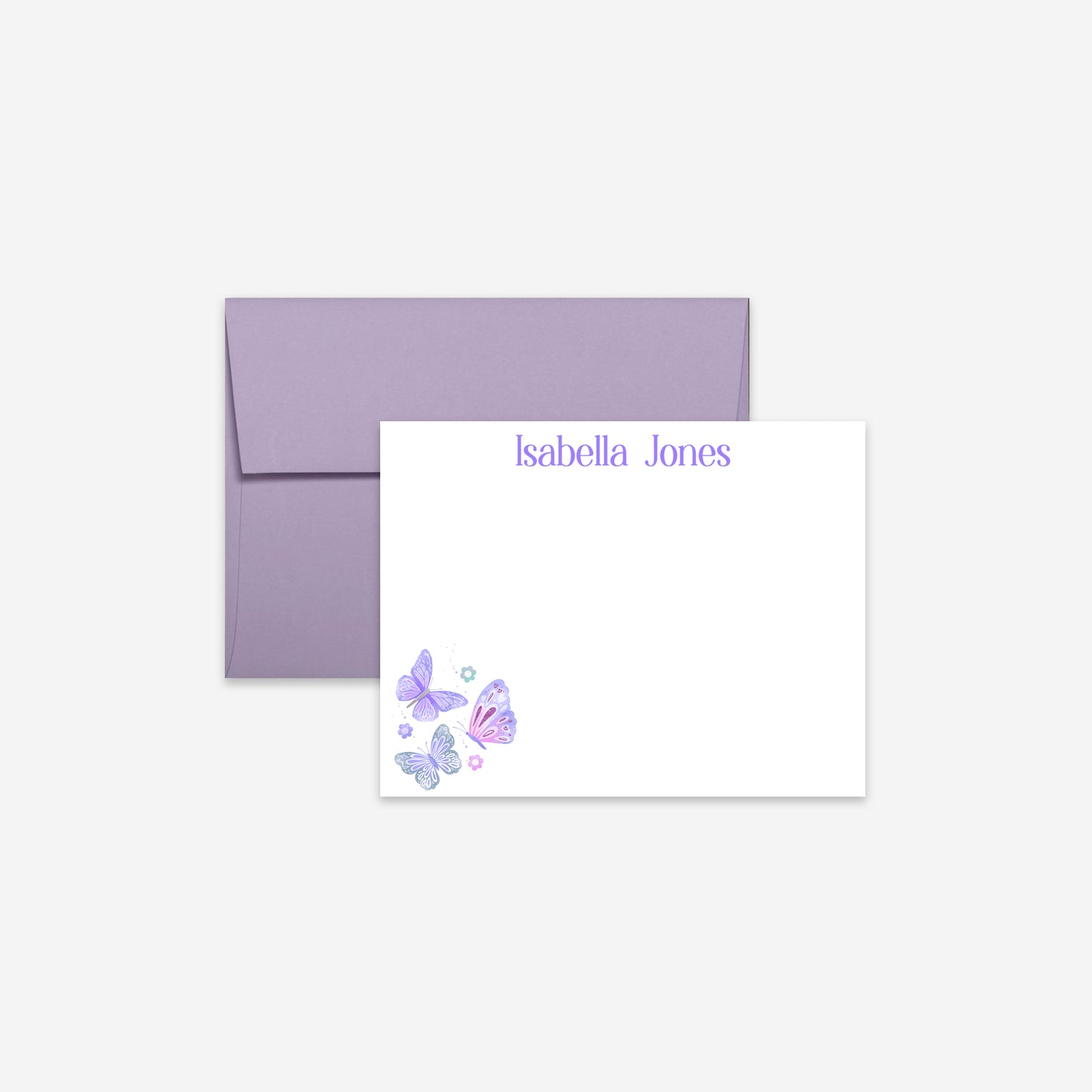 Personalized butterfly flat note card with lavender envelope