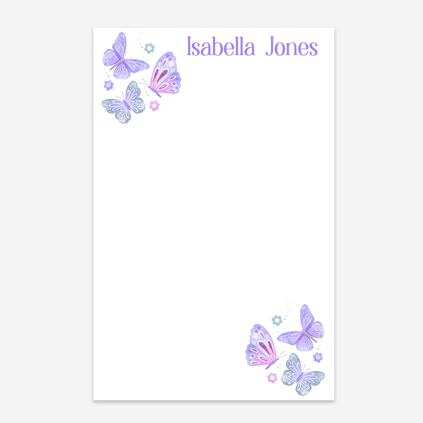 Personalized kids notepad with colorful purple pink and blue butterflies