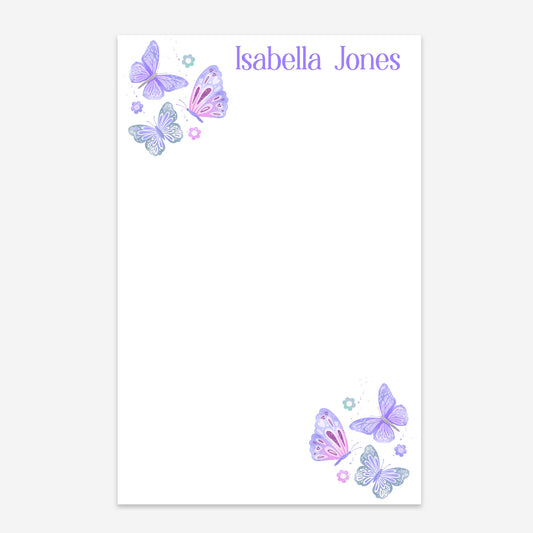 Personalized kids notepad with colorful purple pink and blue butterflies