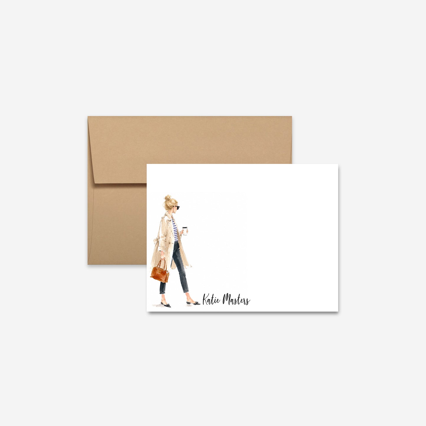 Personalized fashion girl flat note card with tan envelope