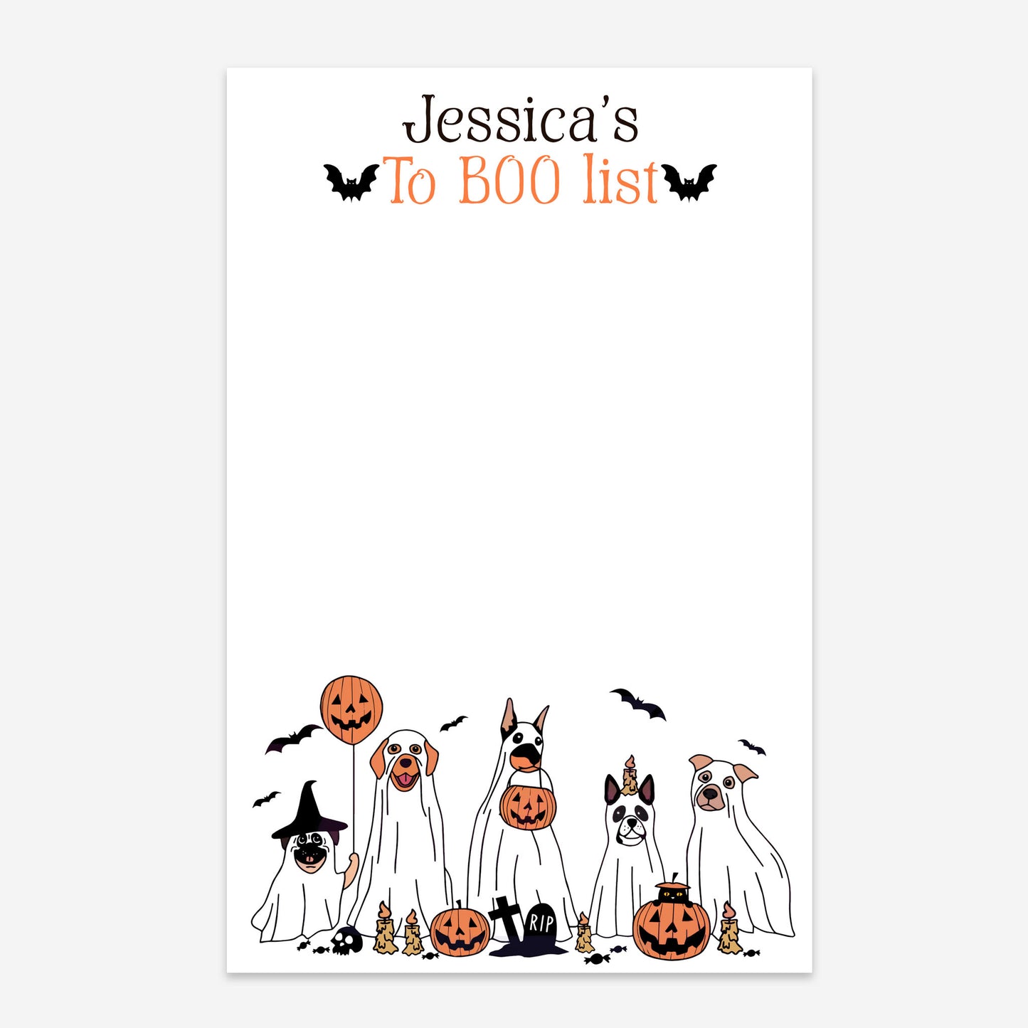 Personalized Halloween To Boo List notepad with dogs dressed as ghosts