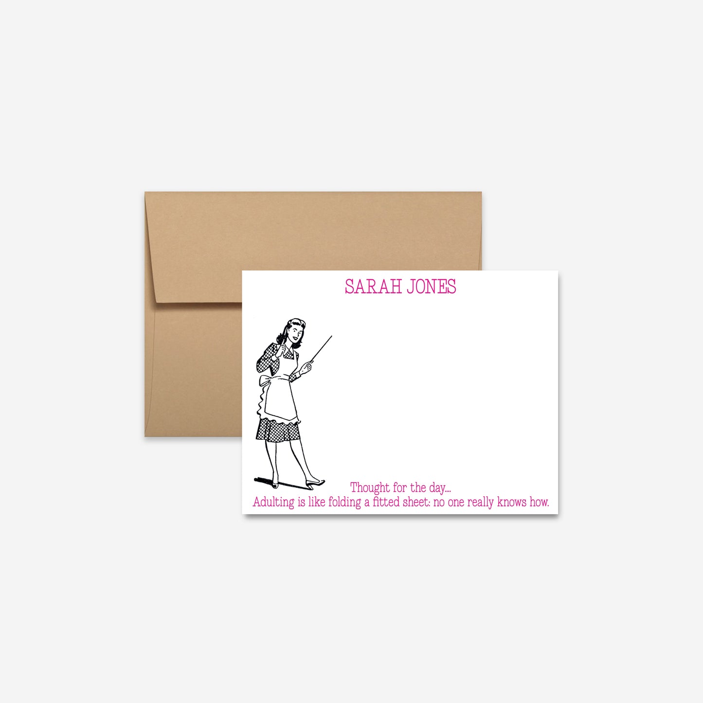 Personalized vintage humor flat note card with adulting and fitted sheet quote