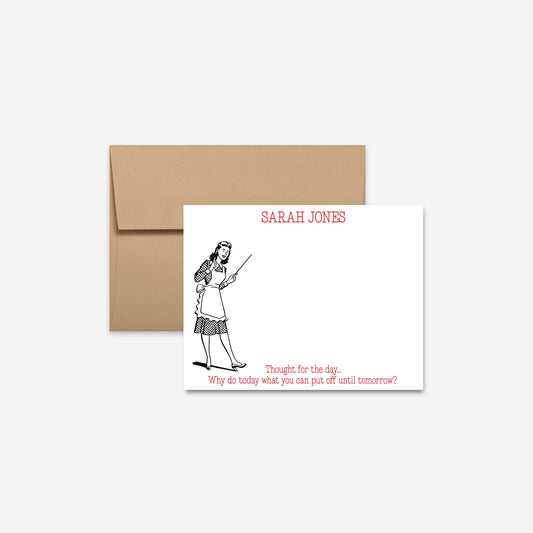 Personalized vintage humor flat note card with procrastination quote