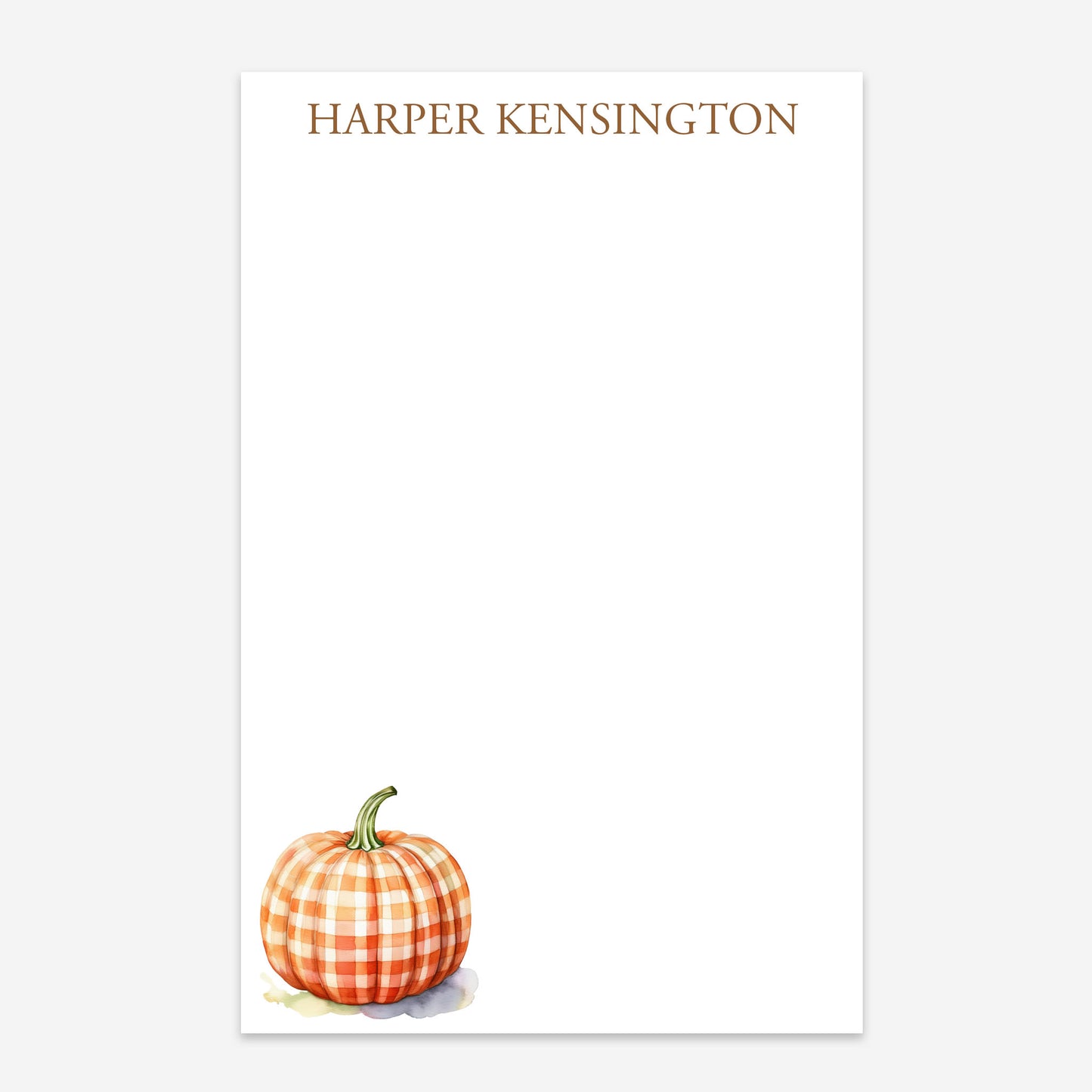 Personalized fall notepad with watercolor orange gingham pumpkin