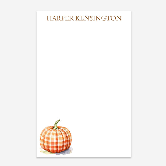 Personalized fall notepad with watercolor orange gingham pumpkin