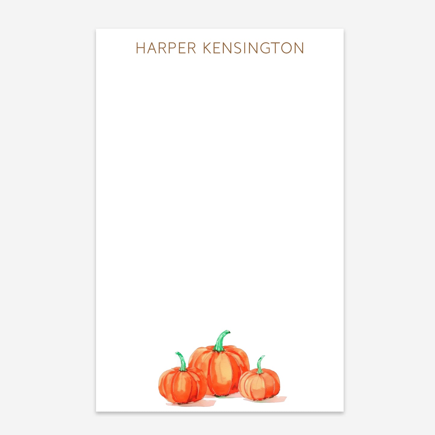 Personalized fall notepad with a trio of watercolor orange pumpkins