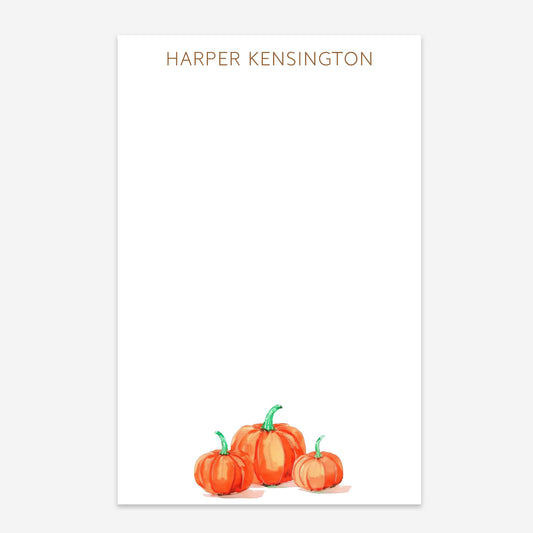 Personalized fall notepad with a trio of watercolor orange pumpkins