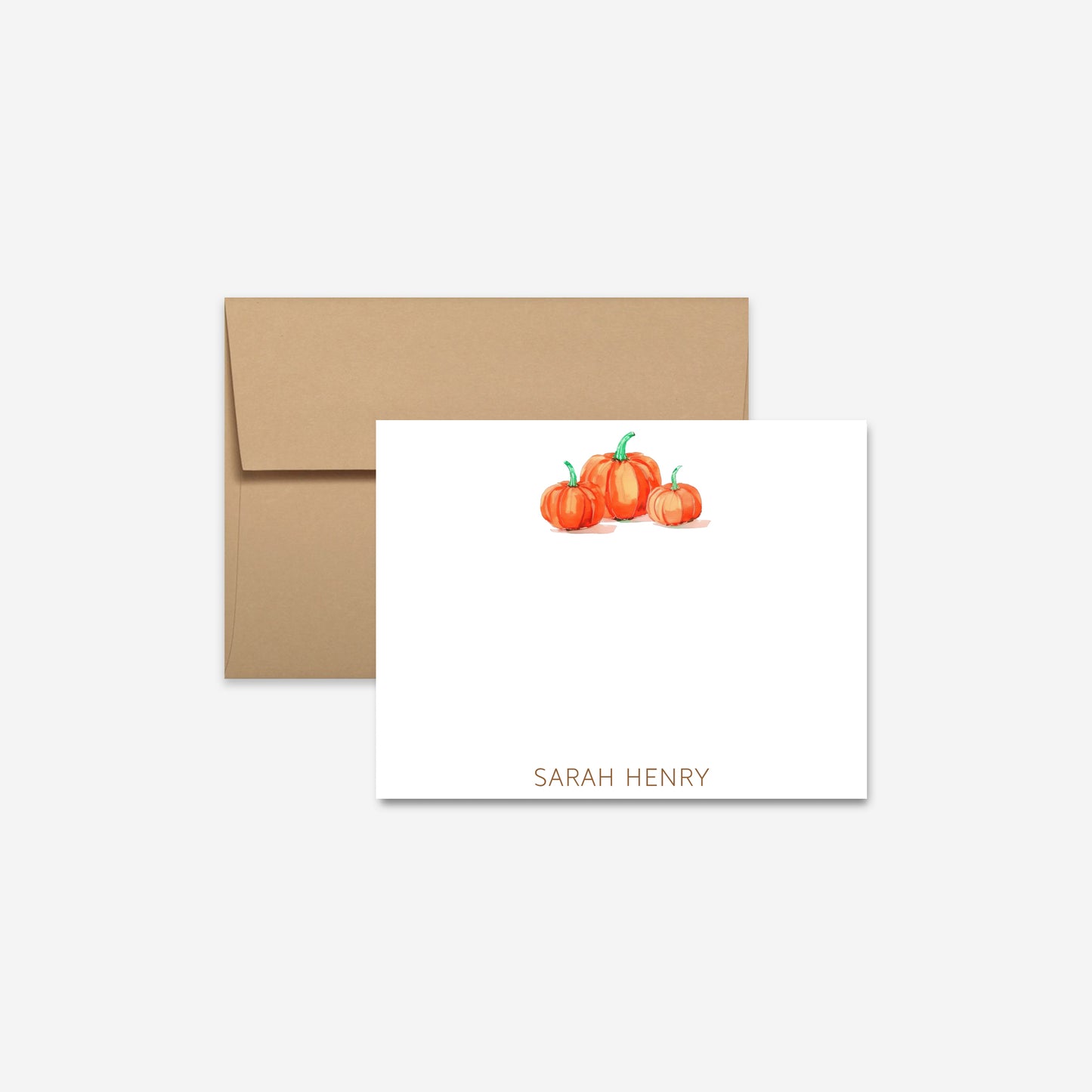 Personalized watercolor pumpkin trio flat note card with kraft envelope